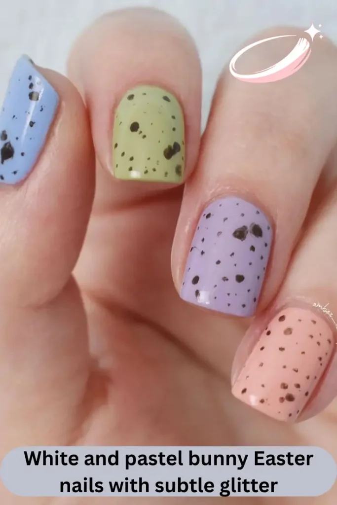 White and pastel bunny Easter nails with subtle glitter