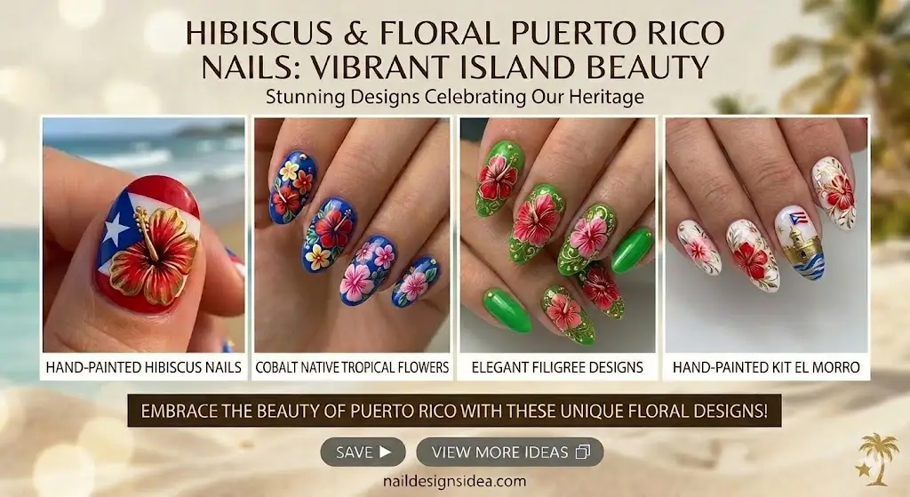 White hibiscus nail art on nude base for Puerto Rico nail design