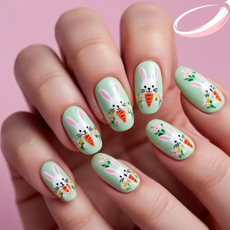 Yellow chick nail art with pastel pink background