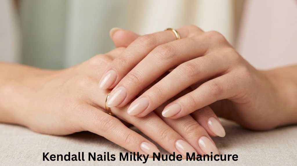 Kendall Jenner inspired milky nude manicure with soft translucent nude shades for a clean, elegant, and minimalist nail look.