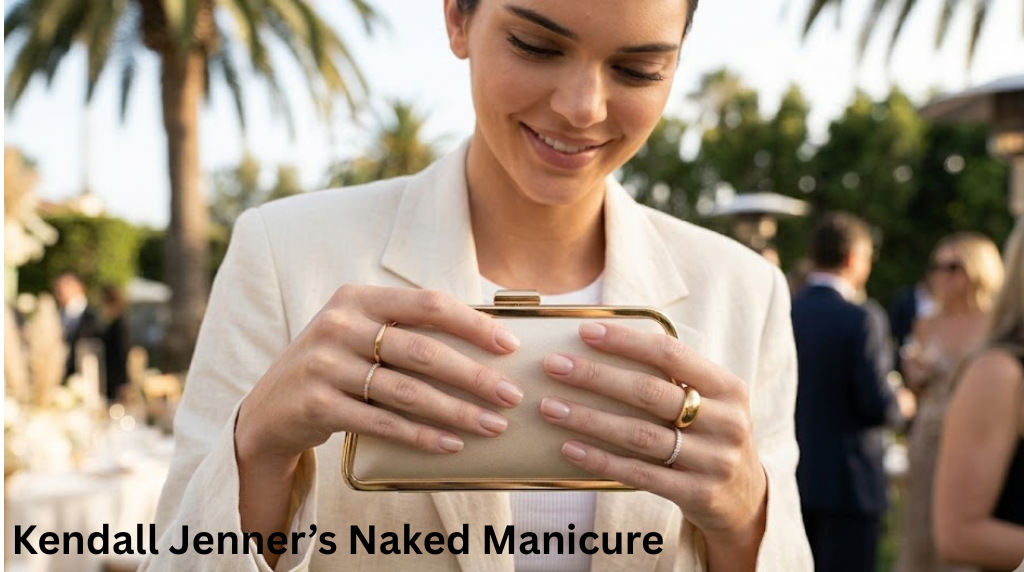 Kendall Jenner inspired naked manicure with short natural nails and glossy nude polish minimalist celebrity nail style