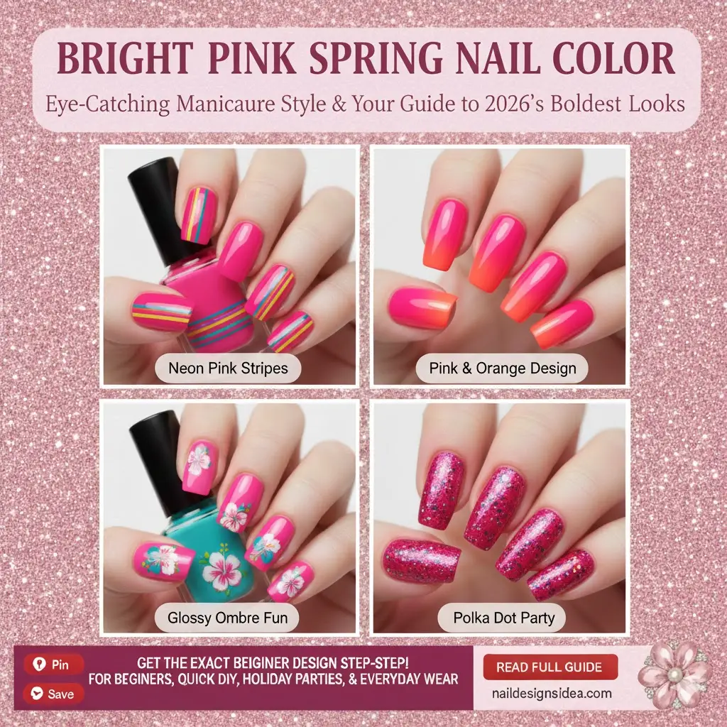 bright pink spring nail color with eye catching manicure style