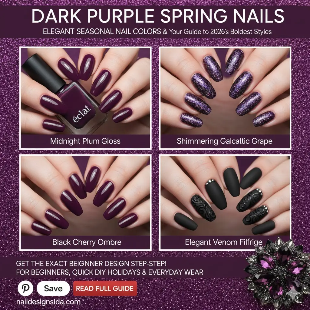 dark purple manicure styled in elegant seasonal nail color