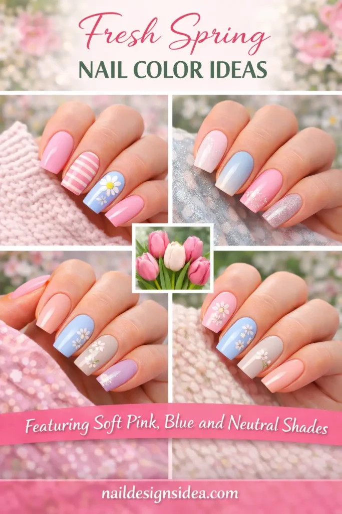 fresh spring nail color ideas featuring soft pink, blue, and neutral shades