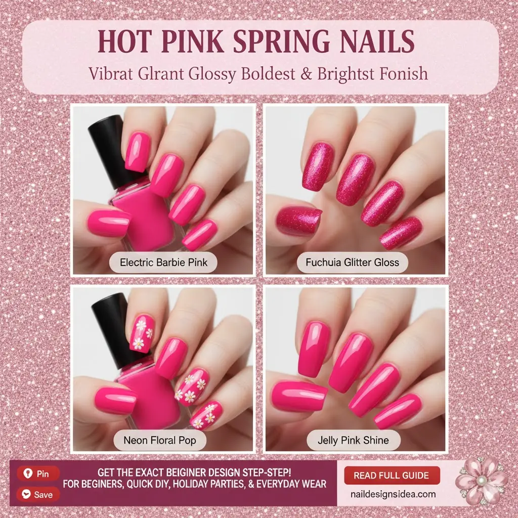 hot pink spring nails with vibrant glossy manicure finish