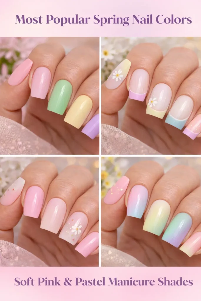 most popular spring nail colors with soft pink and pastel manicure shades