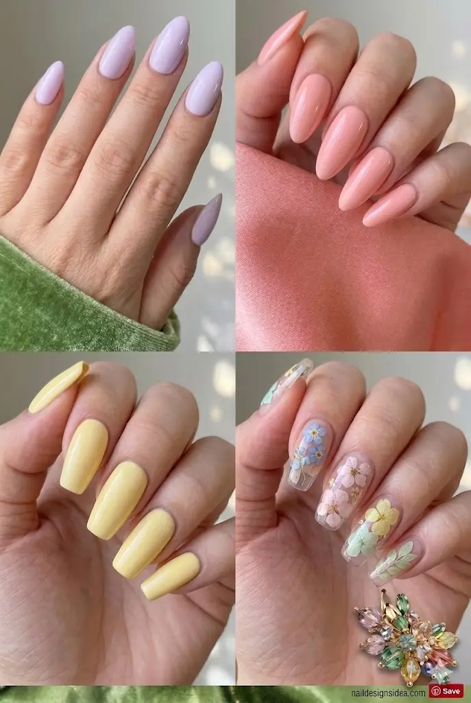 soft spring nail colors featuring light pastel manicure shades