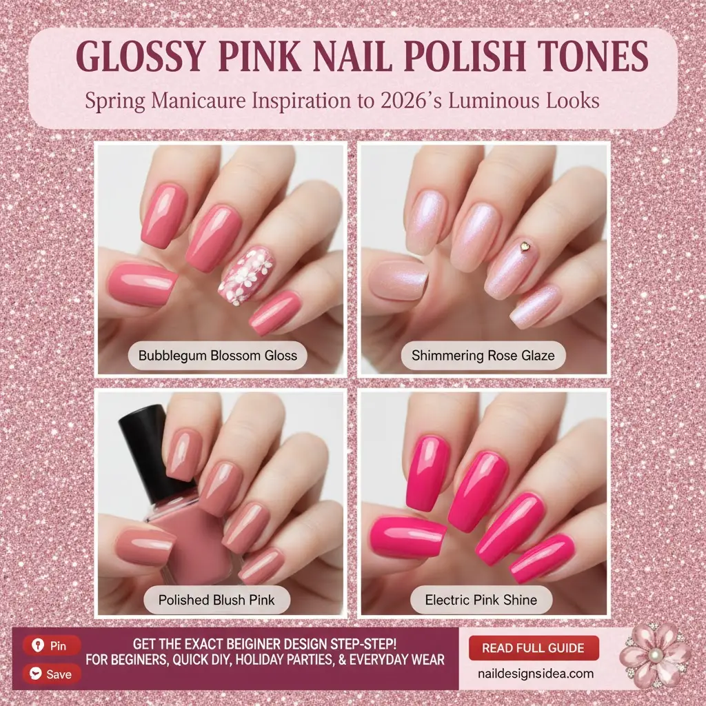 spring manicure inspiration with glossy pink nail polish tones