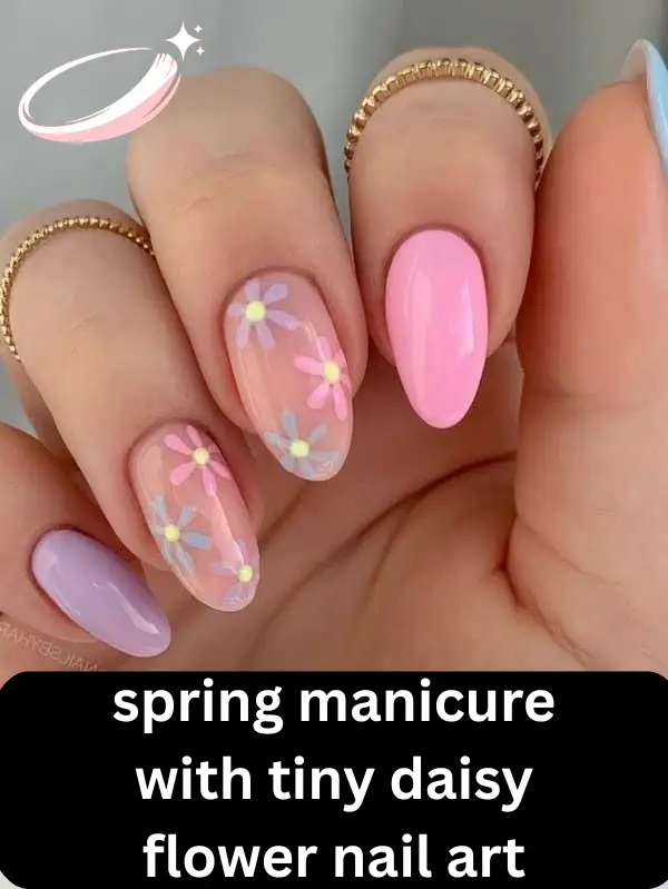 spring manicure with tiny daisy flower nail art