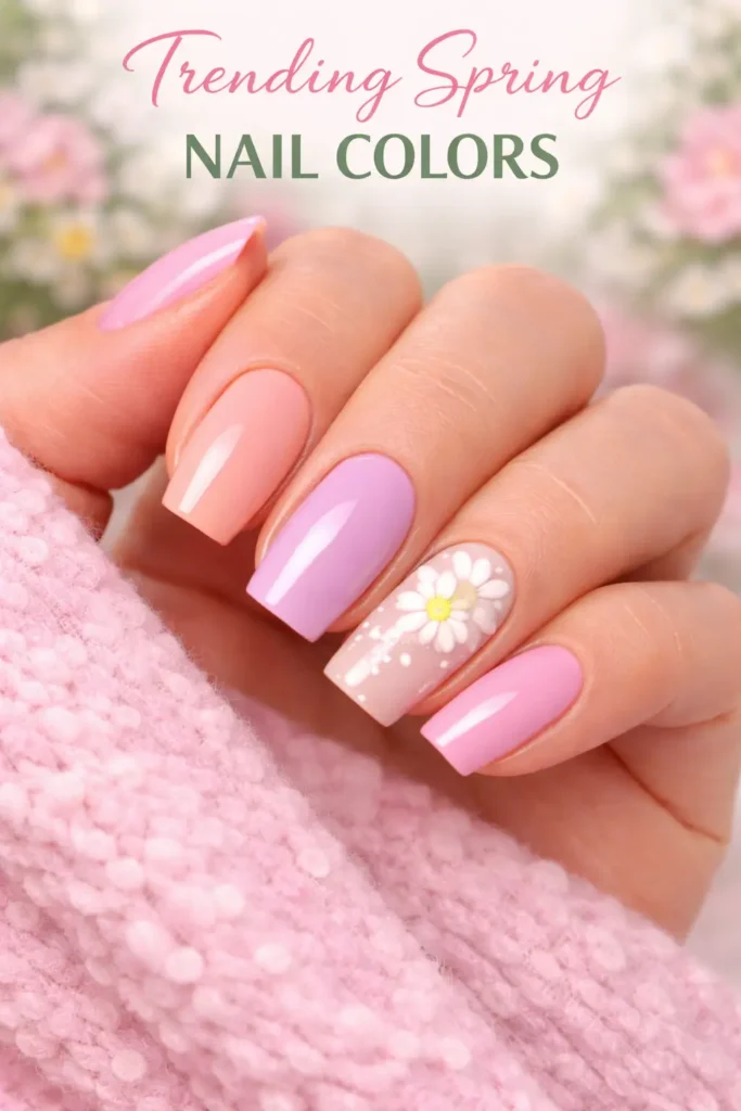 trending spring nail colors in soft pink, lavender, and peach shades