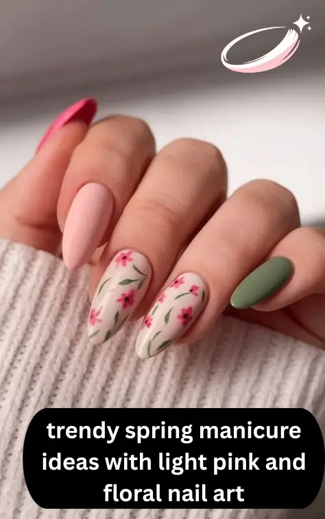 trendy spring manicure ideas with light pink and floral nail art
