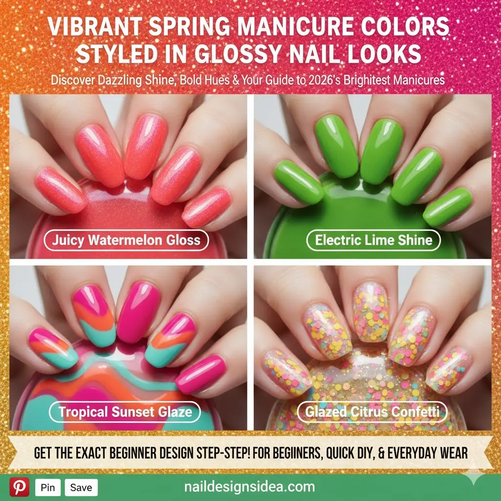 vibrant spring manicure colors styled in glossy nail looks