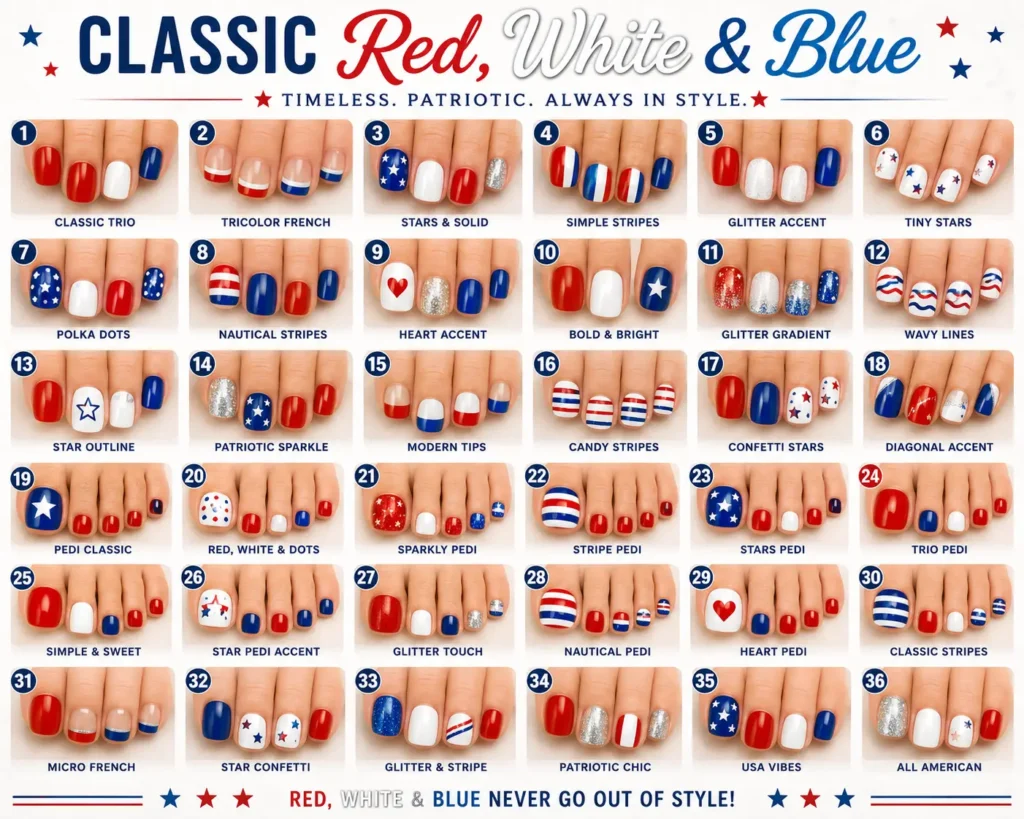 ⭐ Classic Red, White & Blue Nails
