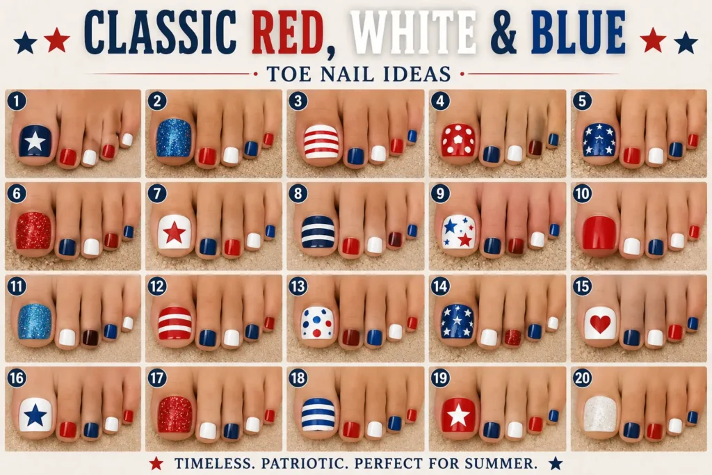 ⭐ Classic Red, White & Blue Toe Nails