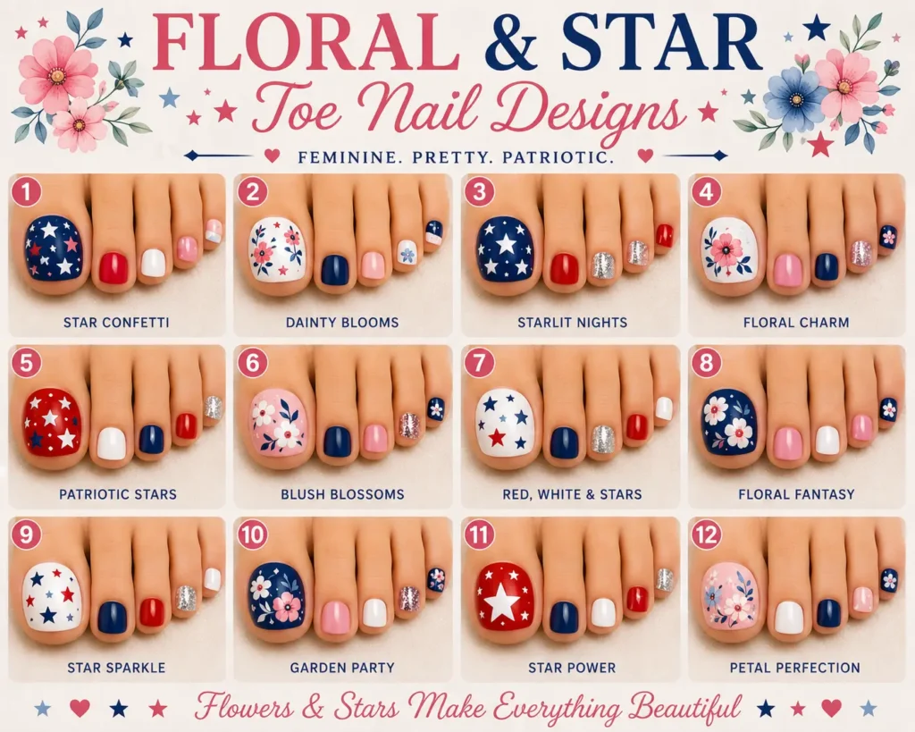 ⭐ Floral & Star Toe Nails