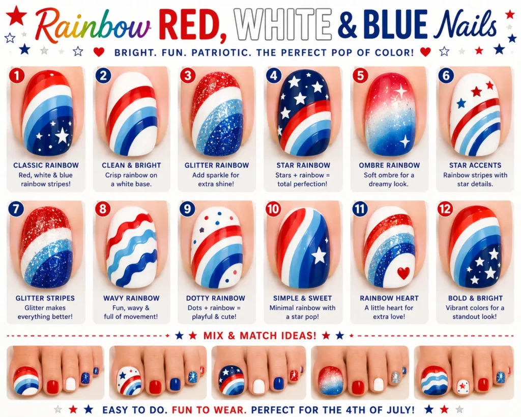 ⭐ Rainbow Red, White & Blue Nails