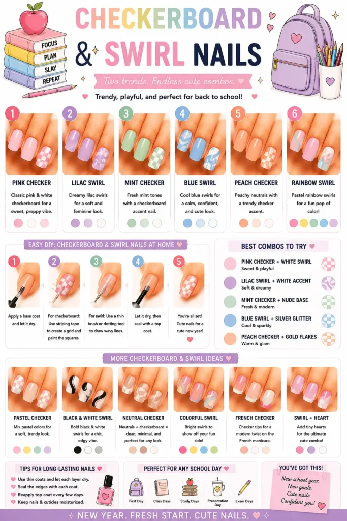 ⭐ Checkerboard & Swirl Nails